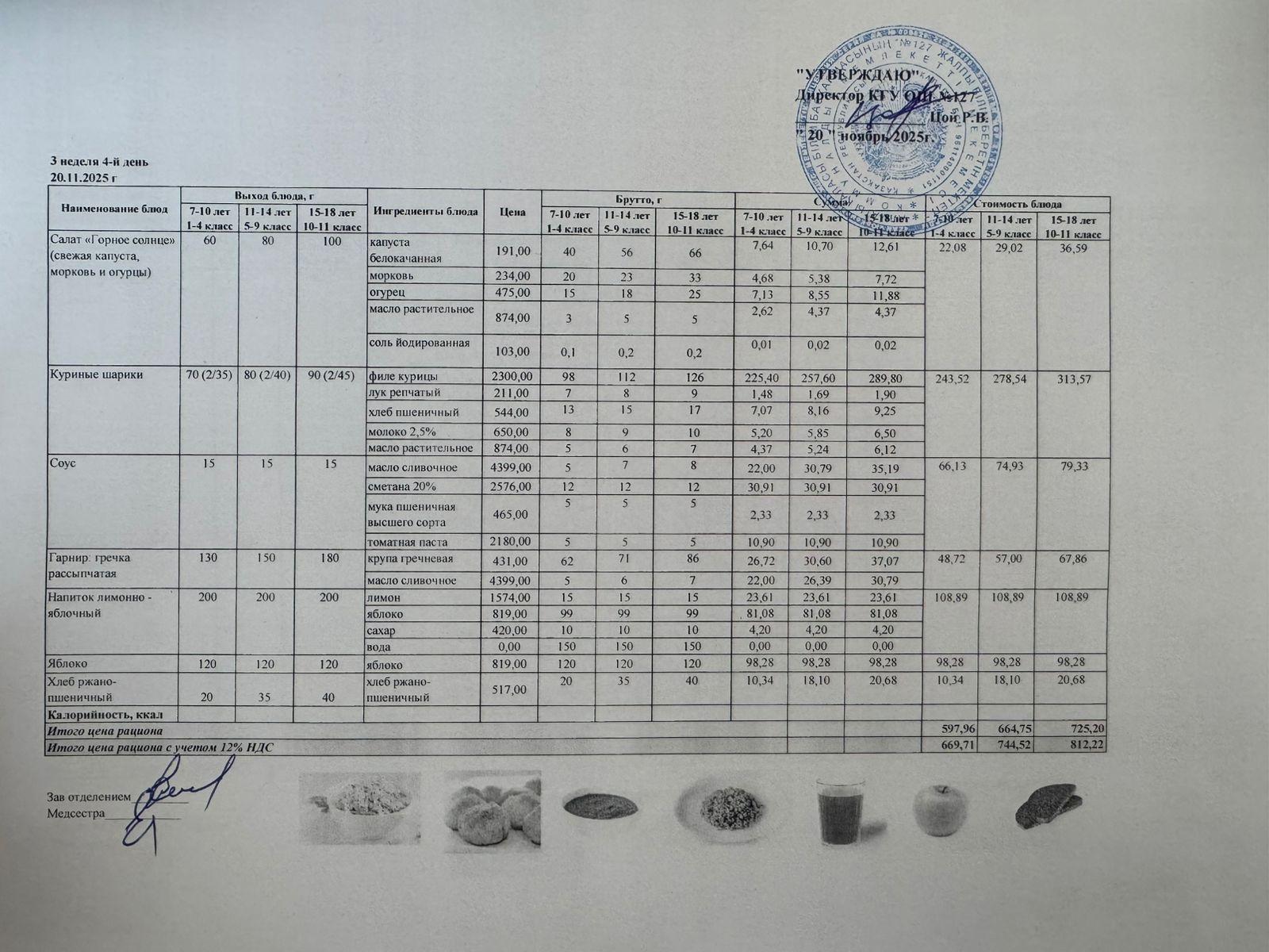 Мектептің күндік мәзірі/Школьное меню на день