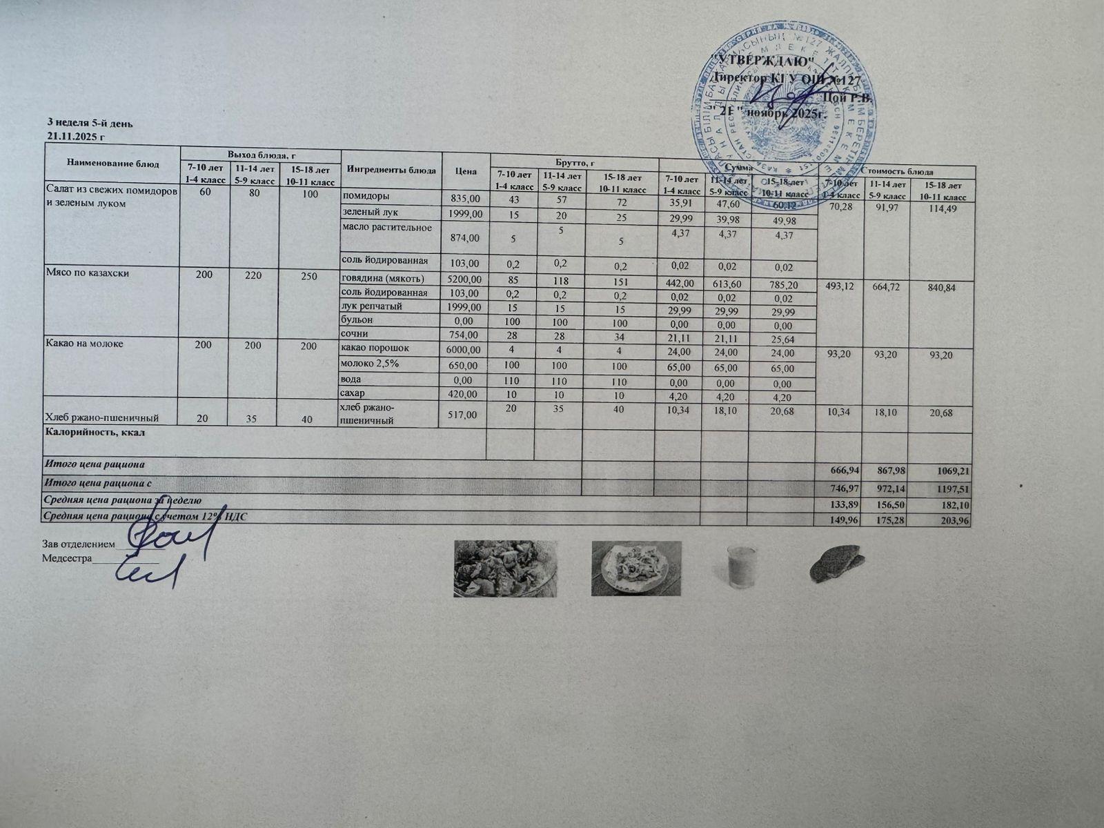 Мектептің күндік мәзірі/Школьное меню на день