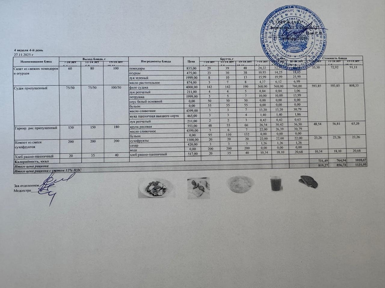 Мектептің күндік мәзірі/Школьное меню на день