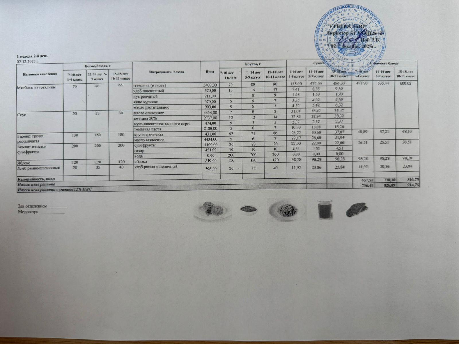 Мектептің күндік мәзірі/Школьное меню на день