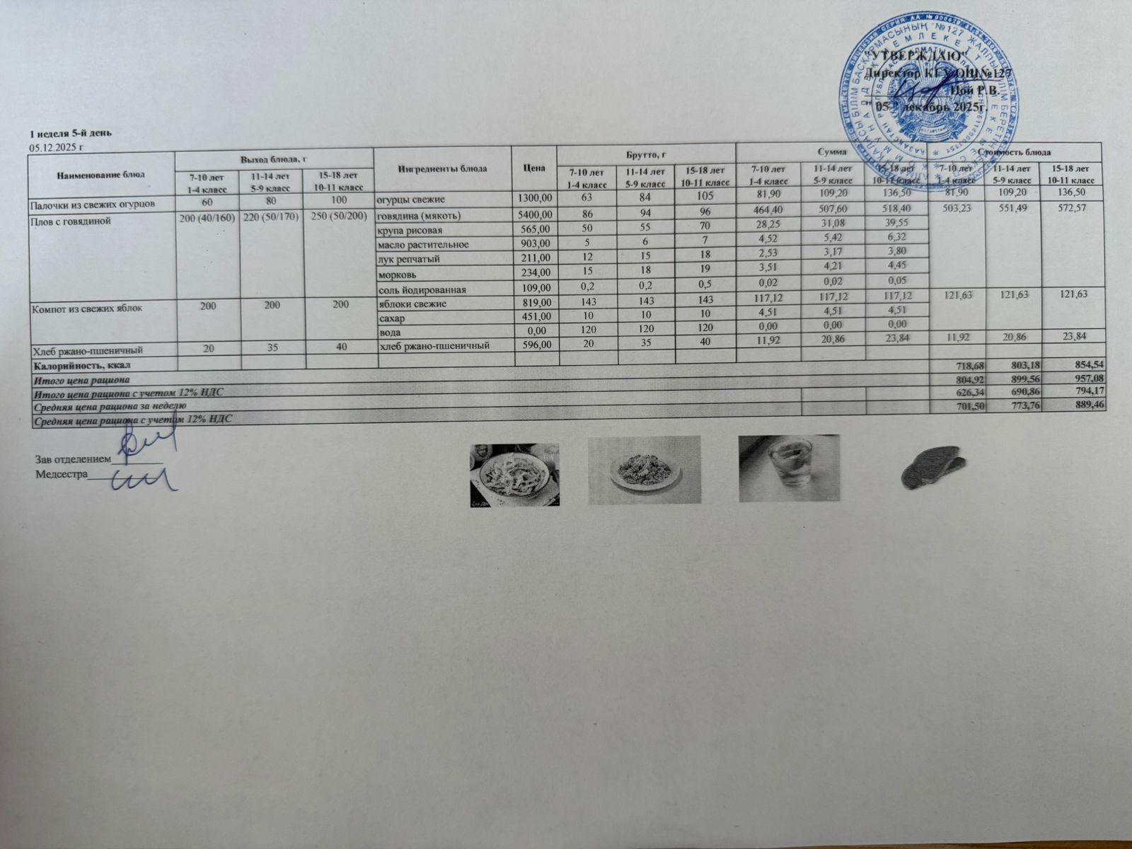 Мектептің күндік мәзірі/Школьное меню на день