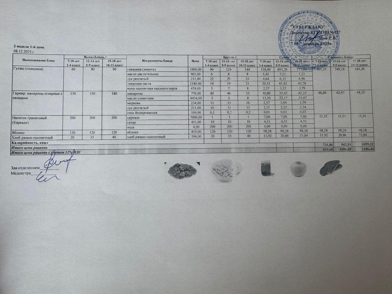 Мектептің күндік мәзірі/Школьное меню на день