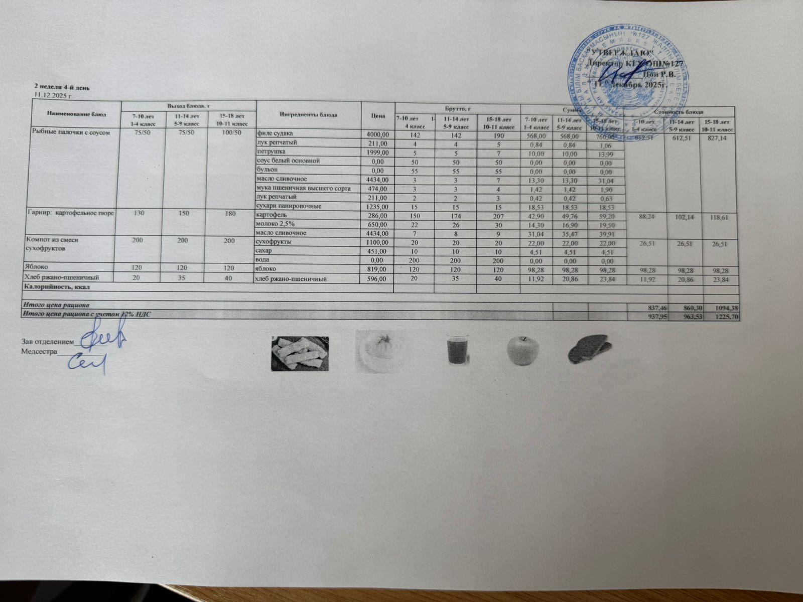 Мектептің күндік мәзірі/Школьное меню на день