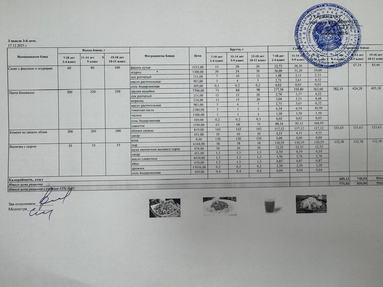 Мектептің күндік мәзірі/Школьное меню на день
