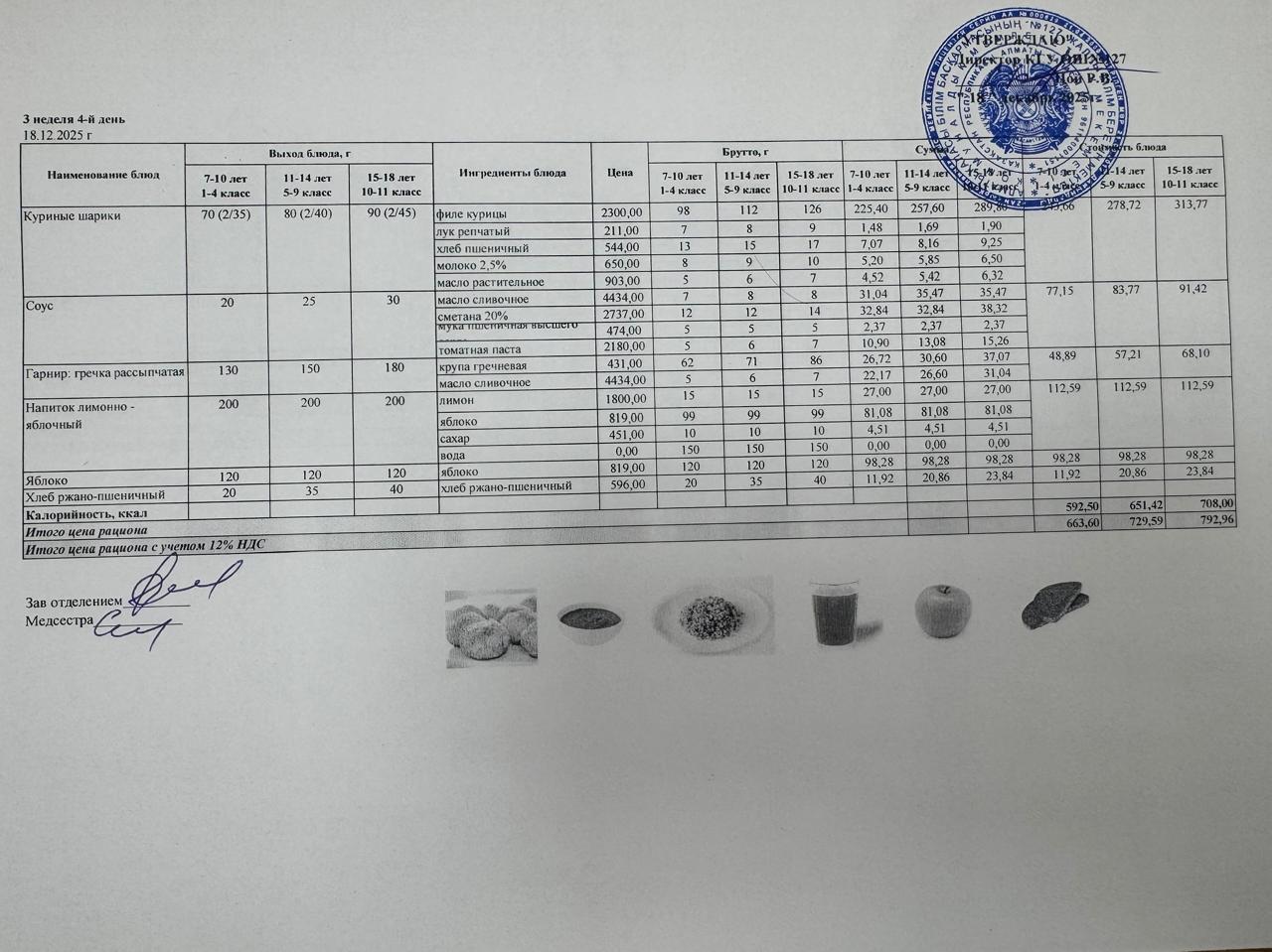 Мектептің күндік мәзірі/Школьное меню на день