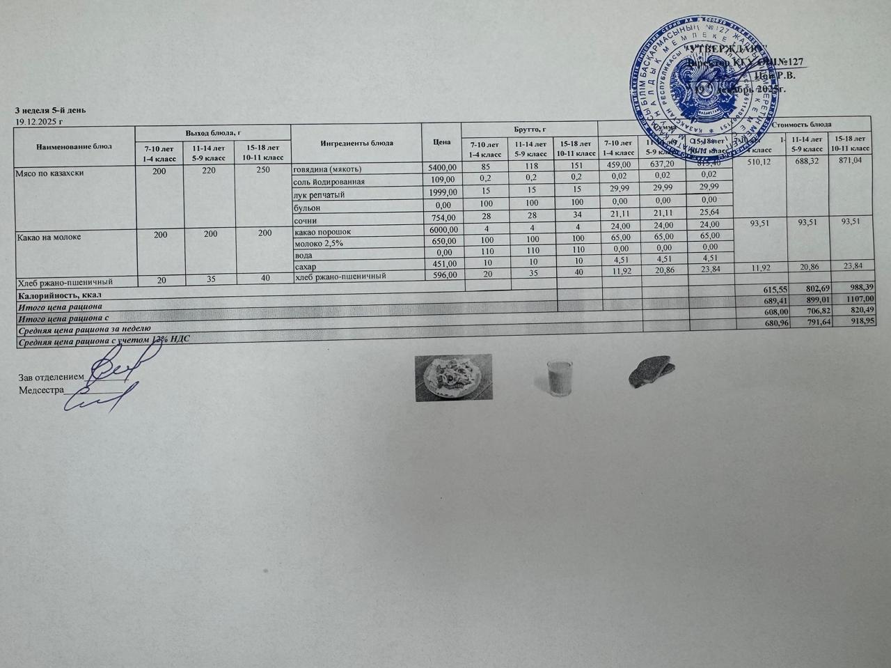 Мектептің күндік мәзірі/Школьное меню на день