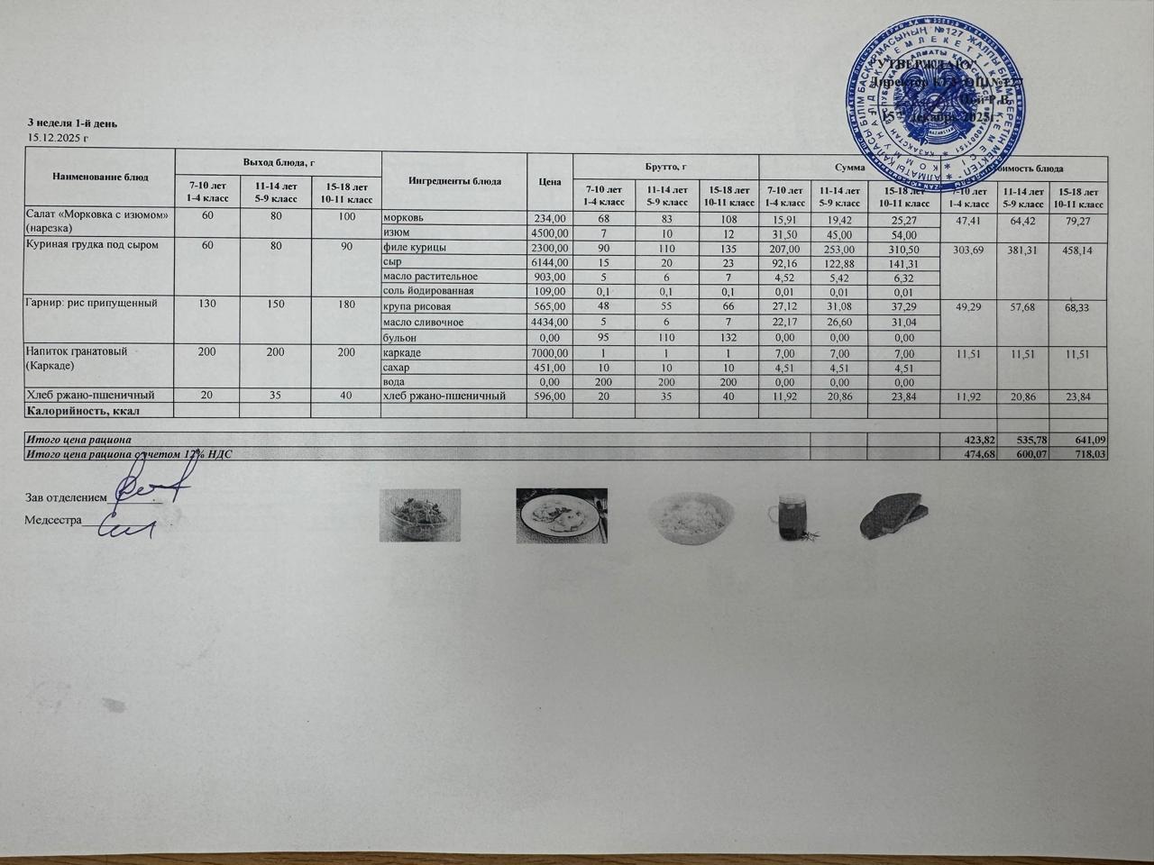 Мектептің күндік мәзірі/Школьное меню на день
