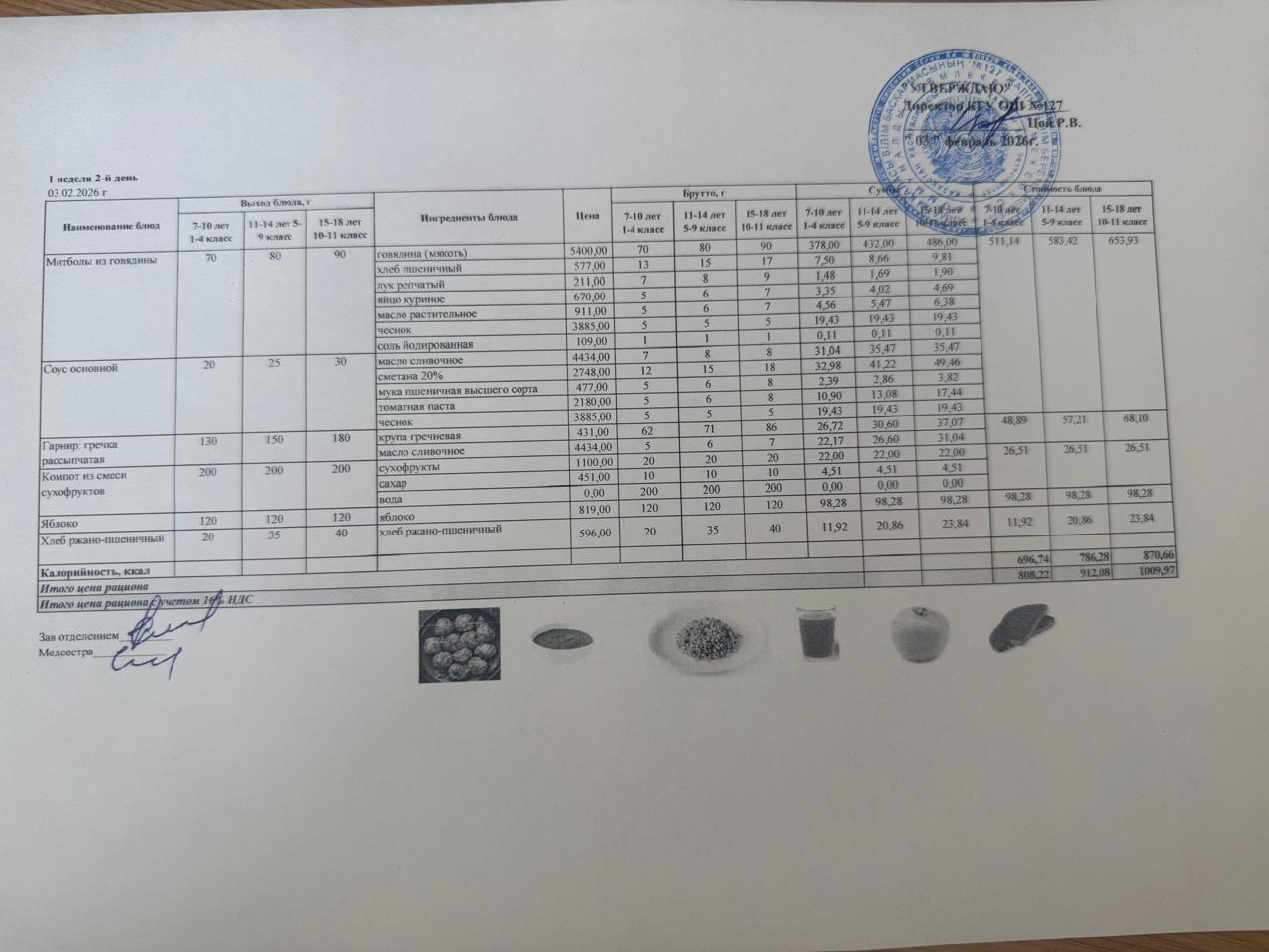 Мектептің күндік мәзірі/Школьное меню на день