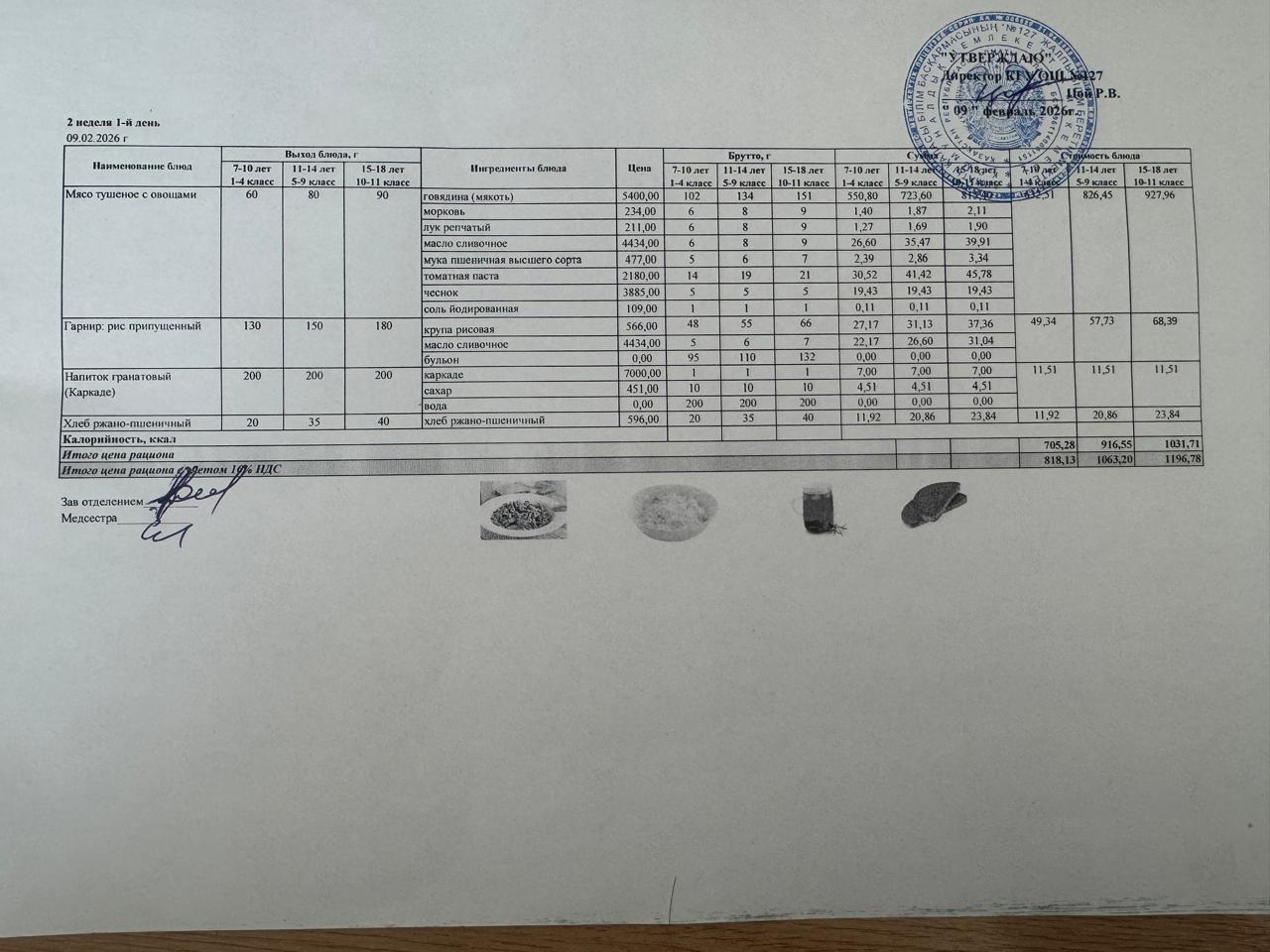 Мектептің күндік мәзірі/Школьное меню на день