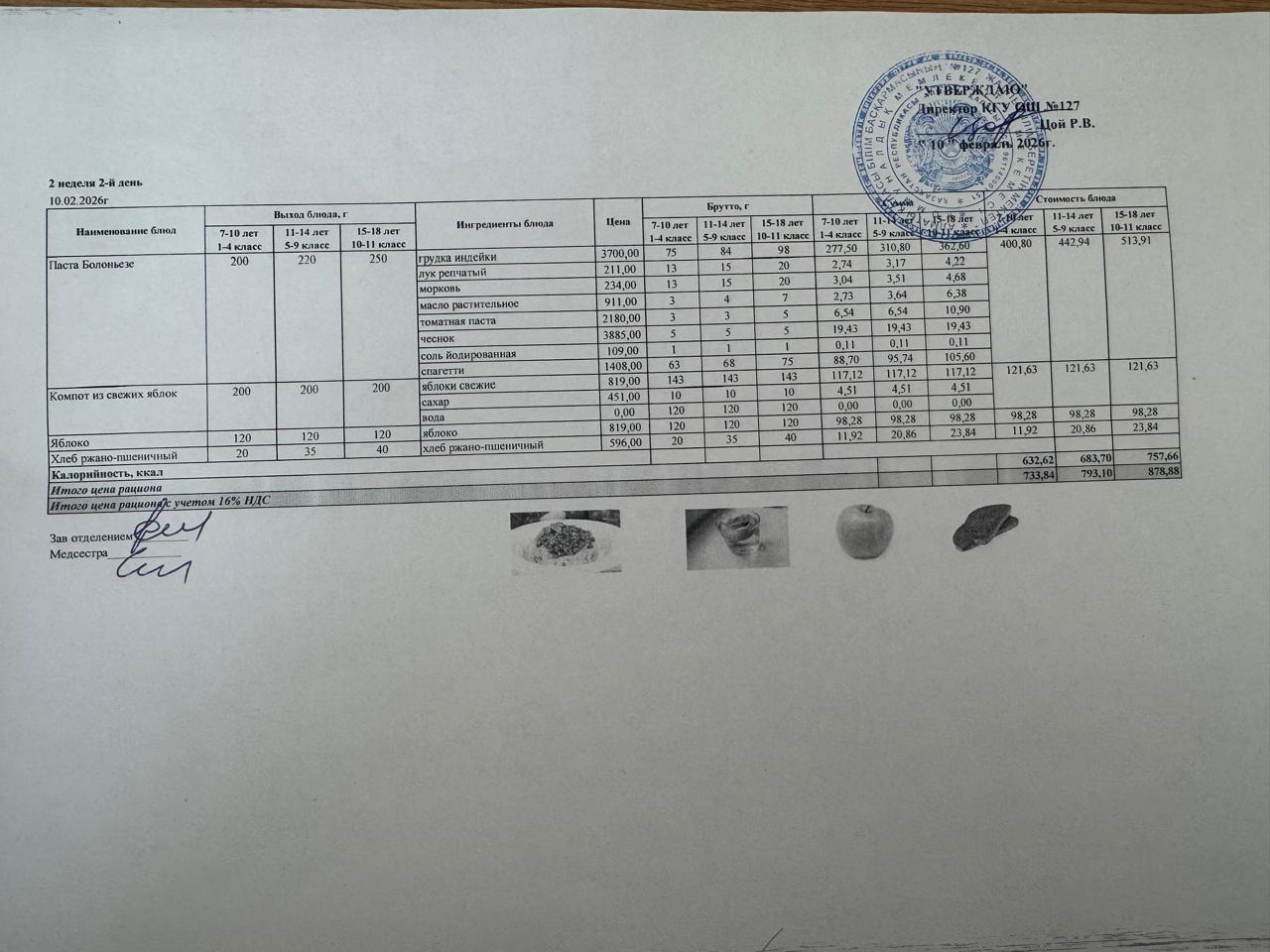 Мектептің күндік мәзірі/Школьное меню на день