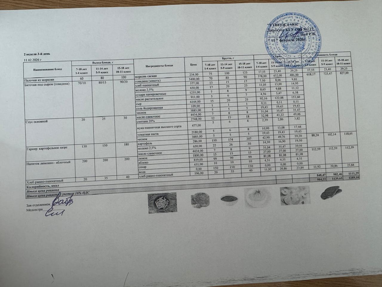 Мектептің күндік мәзірі/Школьное меню на день