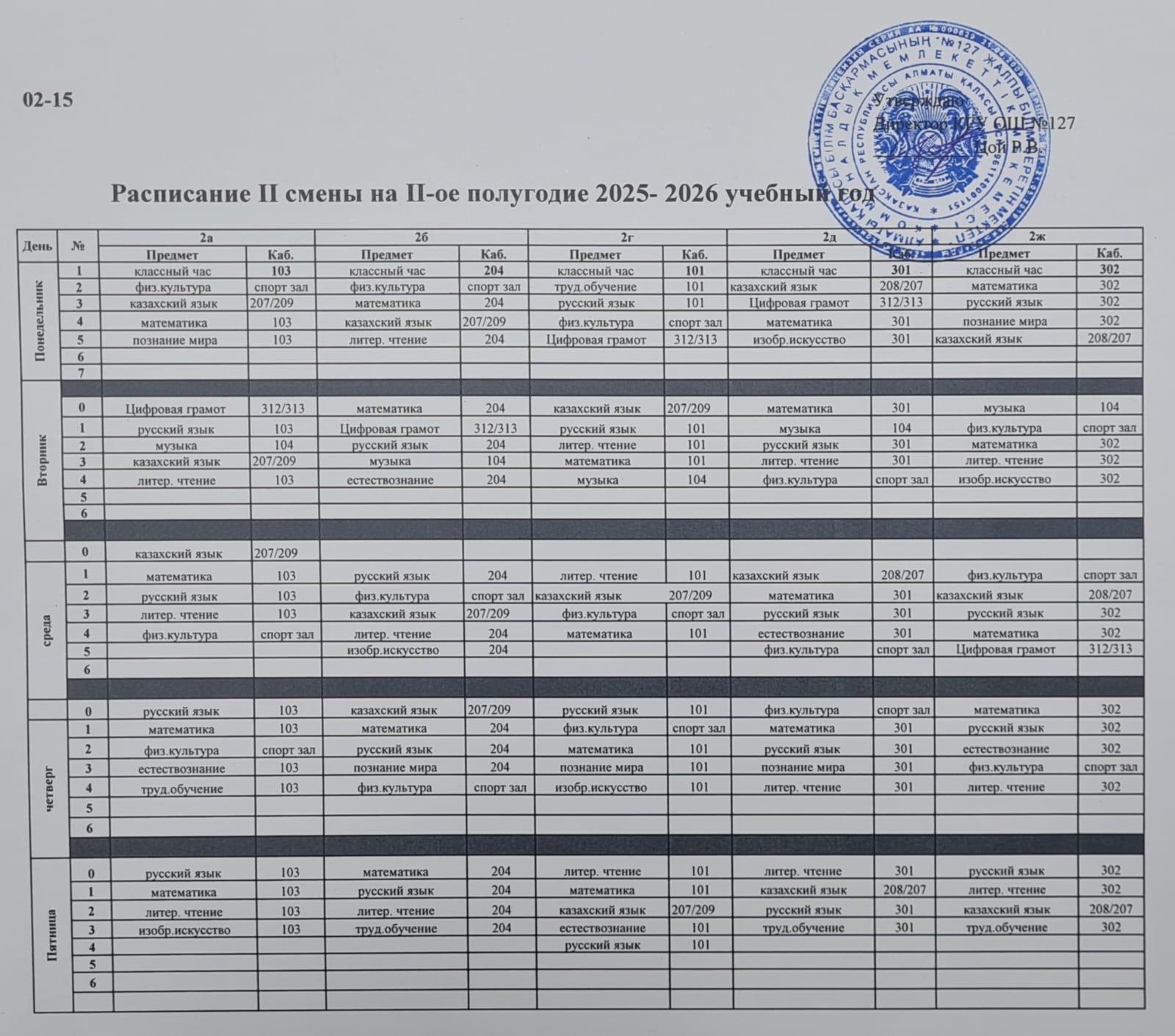 2025-2026 оқу жылының II жартыжылдығына арналған II ауысымдағы бастауыш мектептің сабақ кестесі/ Расписание уроков начальной школы II смены на II-ое полугодие 2025-2026 учебный год