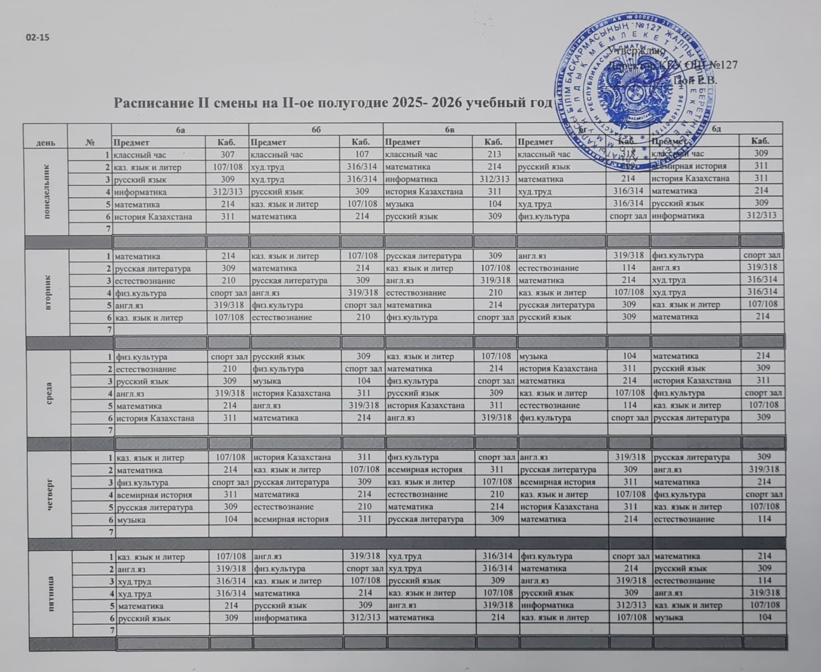 2025-2026 оқу жылының II жартыжылдығына арналған II ауысым сабақ кестесі/ Расписание уроков II смены на II-ое полугодие 2025-2026 учебный год