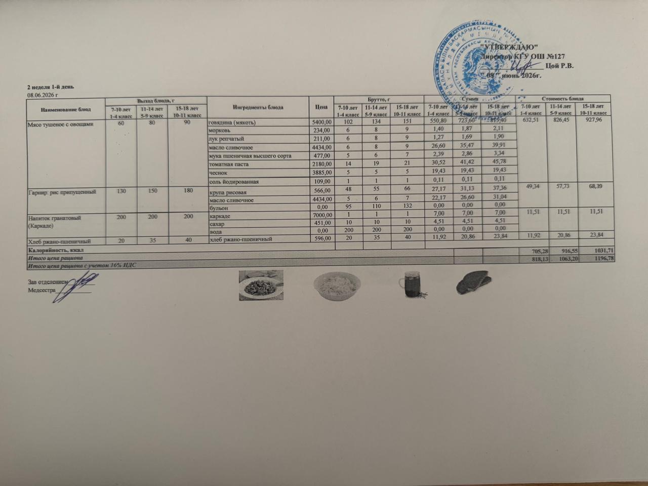 Ежедневное меню лагеря/Лагерьдегі күндік ас мәзірі