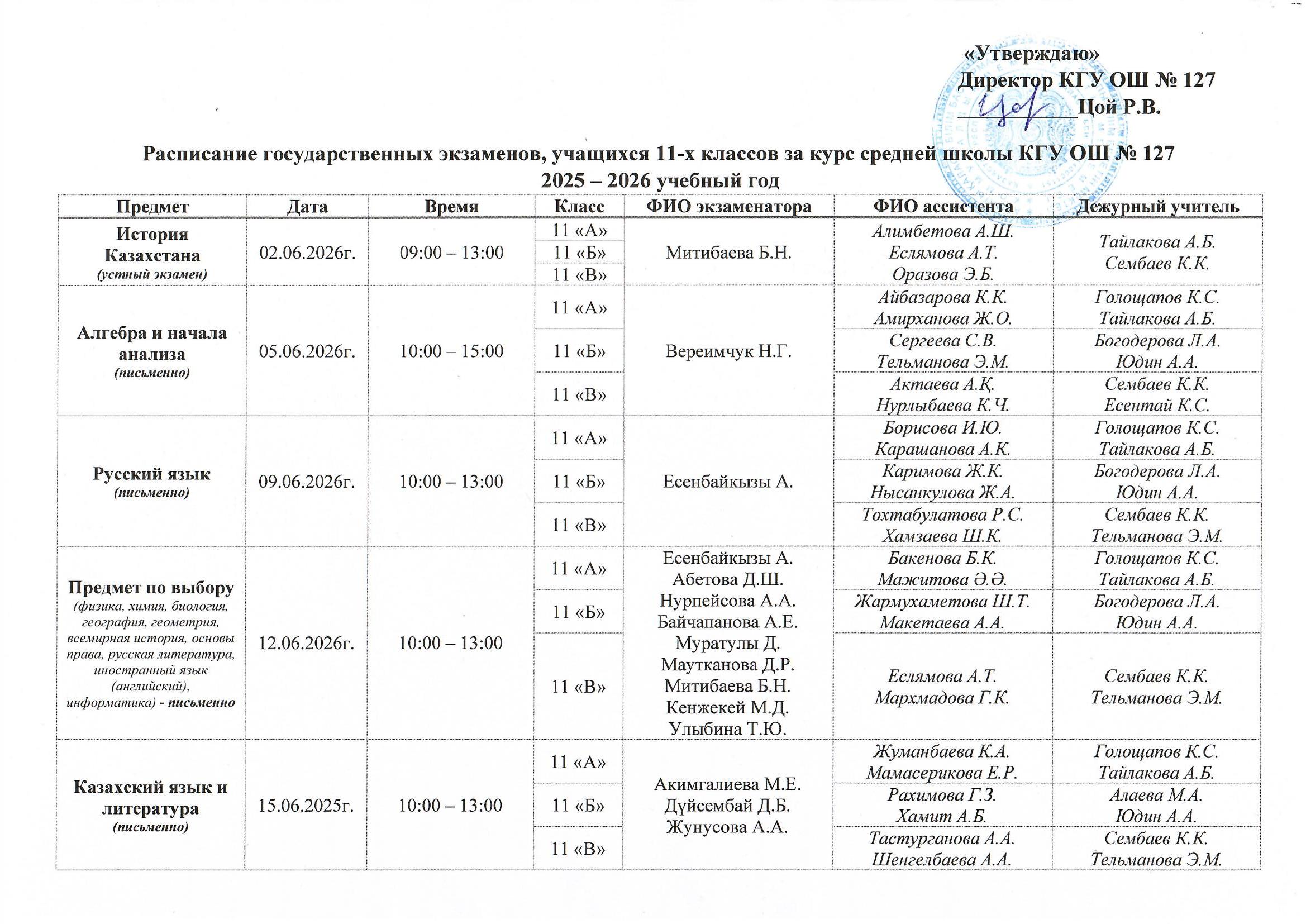 Расписание государственных экзаменов учащихся 11-х классов 2025-2026 учебный год